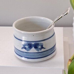 Vintage Blue & White Pottery Salt Dish / Sugar Bowl Silver Spoon bow stoneware
